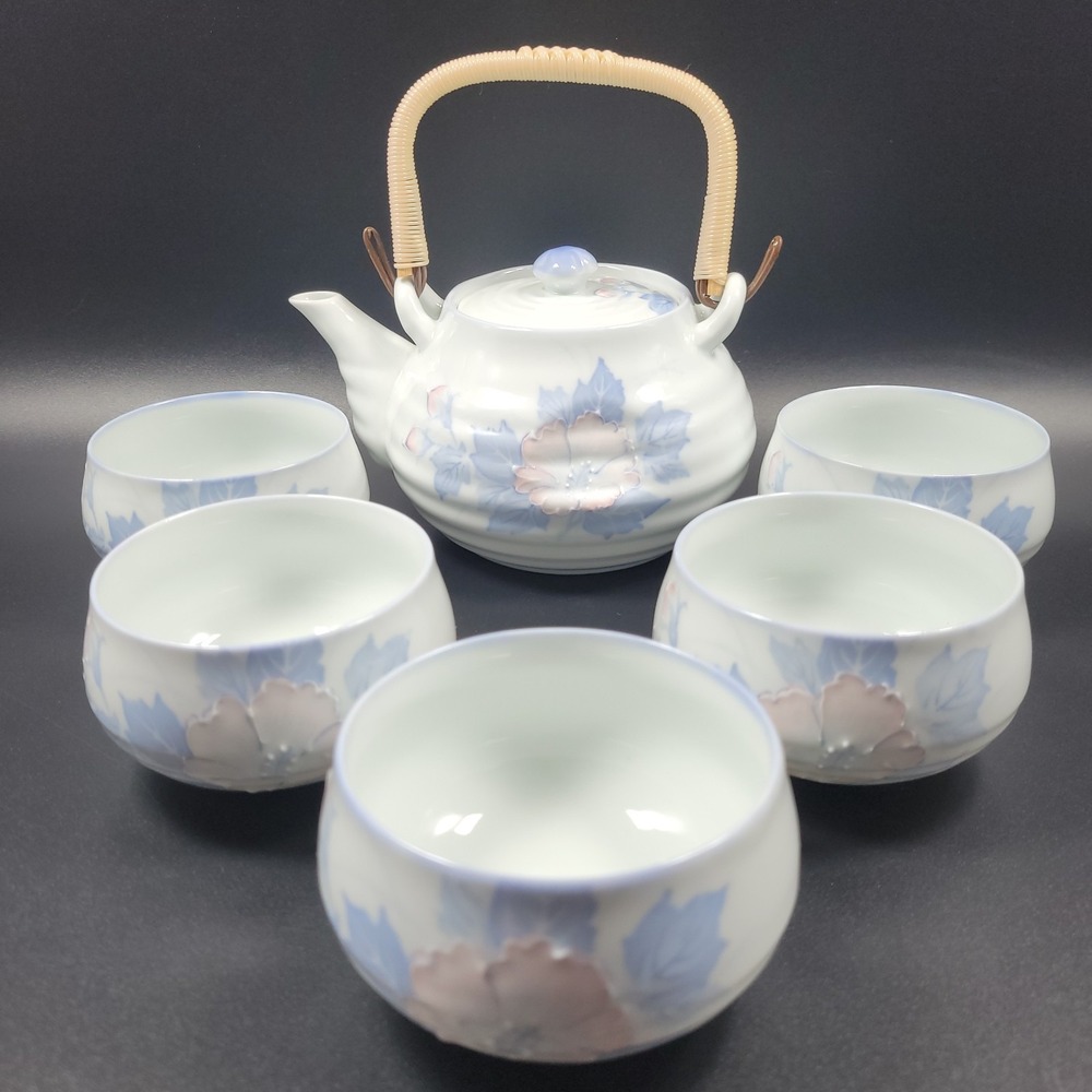 Arita Ware Magnolia Tea Set Teapot & 5 Cups Ichijin Showa Floral Bamboo Handle‎